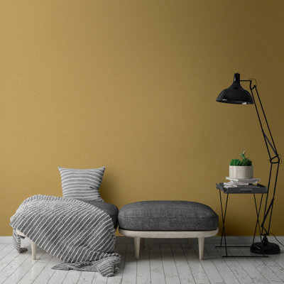 Grandeco Panama Plain Textured Linen Fabric Wallpaper, Mustard
