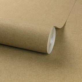 Grandeco Panama Plain Textured Linen Fabric Wallpaper, Ochre