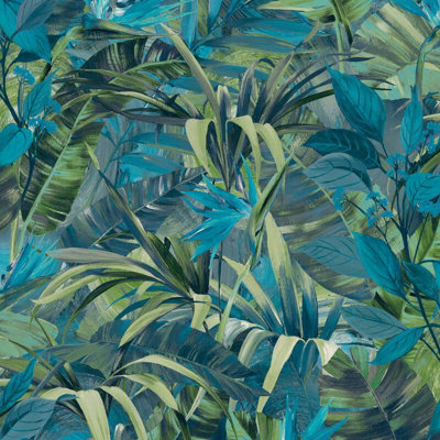 Grandeco Paradise Jungle Painted Flower Blue & Green Textured Wallpaper