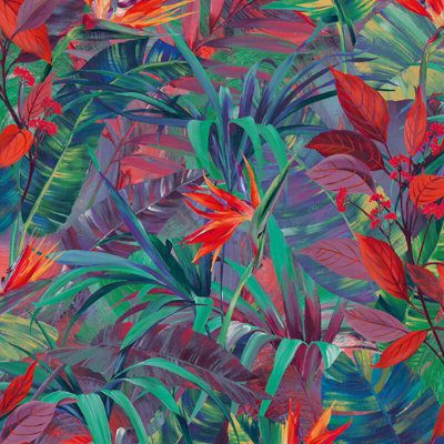 Grandeco Paradise Jungle Painted Flower Red & Green Textured Wallpaper