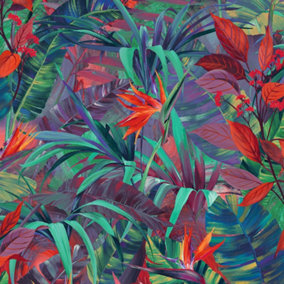 Grandeco Paradise Jungle Painted Flower Red & Green Textured Wallpaper