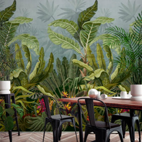 Grandeco Parrot Jungle Green Bold Leaf Repeatable Wallpaper Mural 159 x 280cm