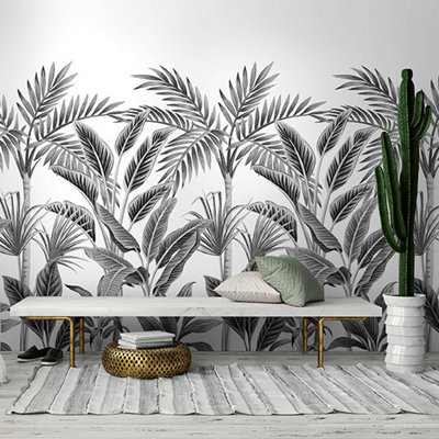 Grandeco Paysage Black & White Graphic Jungle Palm 3 Lane Repeatable Wallpaper Mural 1.59 x 2.8m