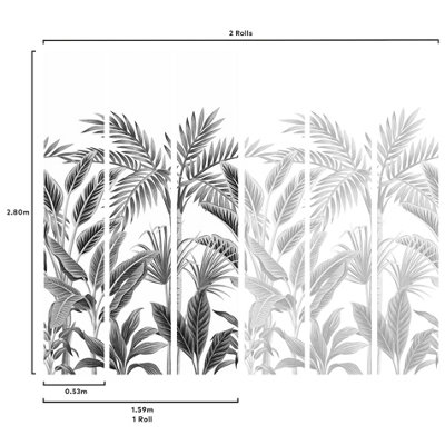 Grandeco Paysage Black & White Graphic Jungle Palm 3 Lane Repeatable Wallpaper Mural 1.59 x 2.8m