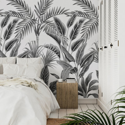 Grandeco Paysage Black & White Graphic Jungle Palm 3 Lane Repeatable Wallpaper Mural 1.59 x 2.8m