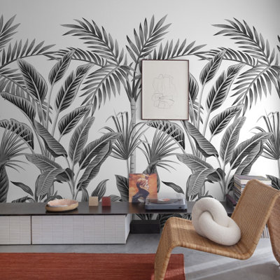 Grandeco Paysage Black & White Graphic Jungle Palm 3 Lane Repeatable Wallpaper Mural 1.59 x 2.8m