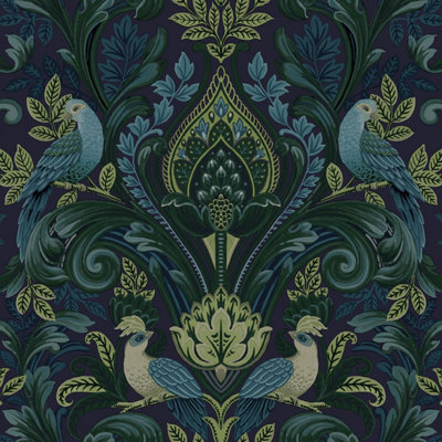 Grandeco Peacock and Leaf Scrolls Opulent Damask Textured Wallpaper, Green Blue