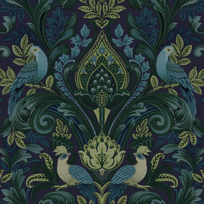 Grandeco Peacock and Leaf Scrolls Opulent Damask Textured Wallpaper, Green Blue