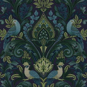 Grandeco Peacock and Leaf Scrolls Opulent Damask Textured Wallpaper, Green Blue