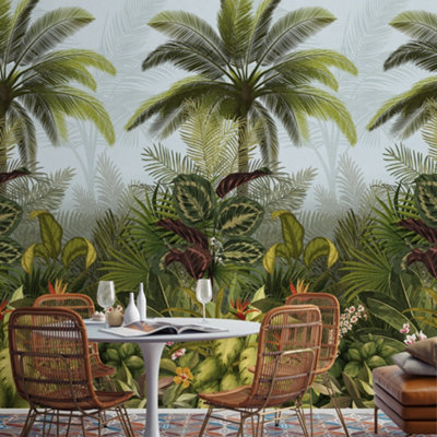 Grandeco Raffia Effect Green Jungle Leaves 3 Lane Repeatable Wallpaper Mural 159 x 280cm