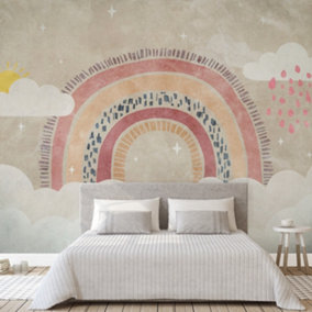 Grandeco Rainbow and Clouds 7 Lane Wallpaper Mural 2.8 x 3.71m, Neutral Pink