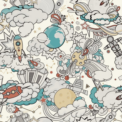 Grandeco Retro Comic Space Rocket Nursery Textured Wallpaper, Blue