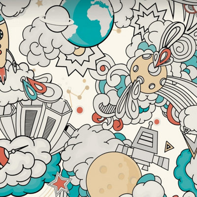 Grandeco Retro Comic Space Rocket Nursery Textured Wallpaper Pink
