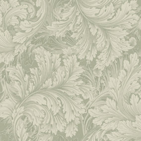 Grandeco Rossetti Acanthus Leaves Scroll Smooth Wallpaper, Green