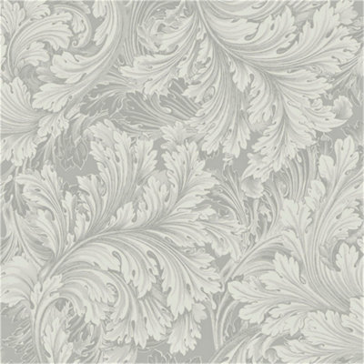 Grandeco Rossetti Acanthus Leaves Scroll Smooth Wallpaper, Grey