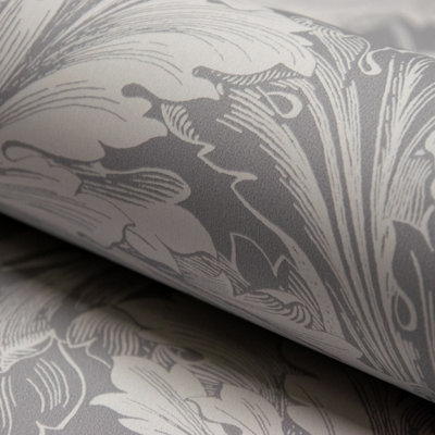 Grandeco Rossetti Acanthus Leaves Scroll Smooth Wallpaper, Grey