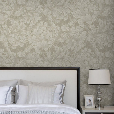 Grandeco Rossetti Acanthus Leaves Scroll Smooth Wallpaper, Taupe