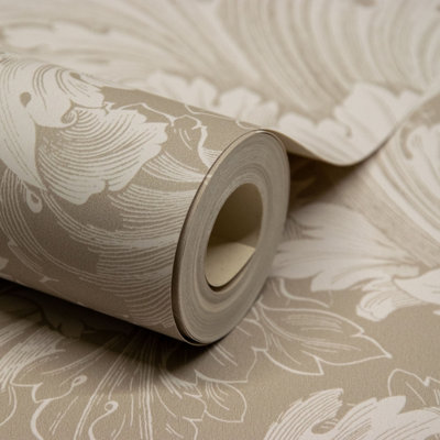 Grandeco Rossetti Acanthus Leaves Scroll Smooth Wallpaper, Taupe