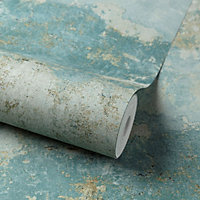 Grandeco Rustic Old Town Plaster Distressed Concrete Textured Wallpaper, Teal
