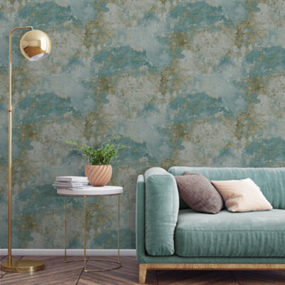 Grandeco Rustic Old Town Plaster Distressed Concrete Textured Wallpaper, Teal