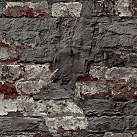 Grandeco Rustic Patchy Brick Textured Wallpaper, Black Charcoal