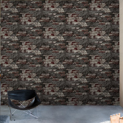 Grandeco Rustic Patchy Brick Textured Wallpaper, Black Charcoal
