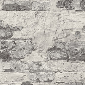 Grandeco Rustic Patchy Brick Textured Wallpaper, Grey