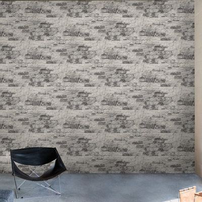 Grandeco Rustic Patchy Brick Textured Wallpaper, Grey