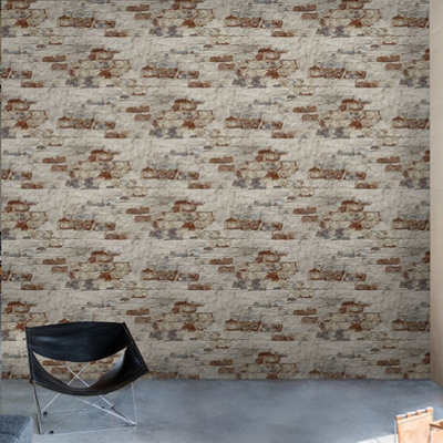 Grandeco Rustic Patchy Brick Textured Wallpaper, Natural Terracotta