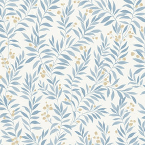 Grandeco Sage Trail Foliage and Flowers Textured Wallpaper, Blue