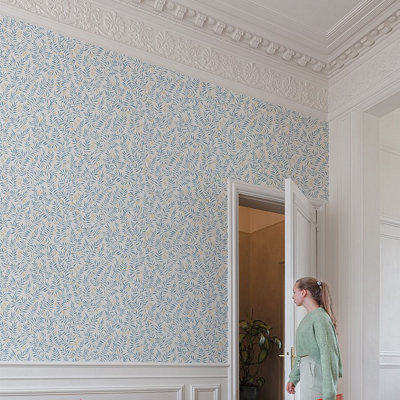 Grandeco Sage Trail Foliage and Flowers Textured Wallpaper, China Blue