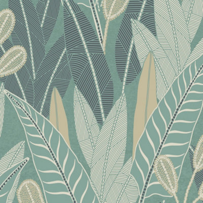 Grandeco Savannah Modern Foliage Blown Vinyl Wallpaper, Green