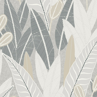 Grandeco Savannah Modern Foliage Blown Vinyl Wallpaper, Grey