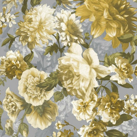 Grandeco Secret Garden Yellow Ochre Grey Floral Flower Wall Effect Wallpaper
