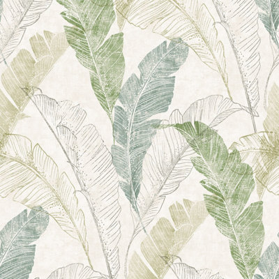 Grandeco Sketch Effect Capri Tropical Textured Wallpaper, Neutral Green