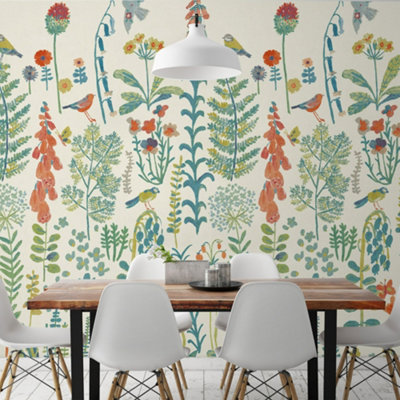 Grandeco Spring Meadow Flower Painted Sprig 3 panel repeatable wallpaper Mural, 2.8 x 1.59m, Neutral