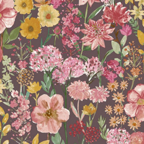 Grandeco Spring Wild Flowers Trail Smooth Wallpaper, Purple