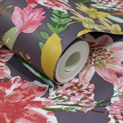 Grandeco Spring Wild Flowers Trail Smooth Wallpaper, Purple