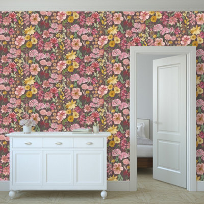 Grandeco Spring Wild Flowers Trail Smooth Wallpaper, Purple