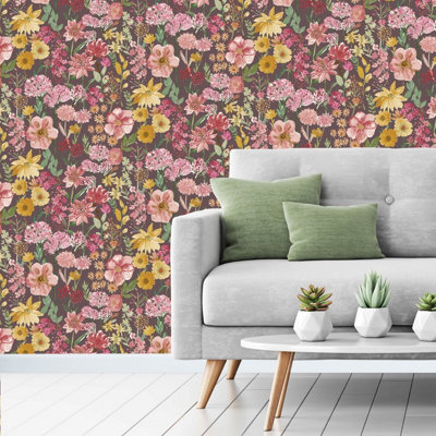 Grandeco Spring Wild Flowers Trail Smooth Wallpaper, Purple
