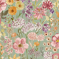 Grandeco Spring Wild Flowers Trail Smooth Wallpaper, Sage Green