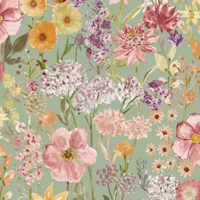 Grandeco Spring Wild Flowers Trail Smooth Wallpaper, Sage Green