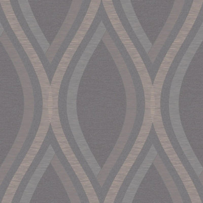 Grandeco Strata Geometric Curve Wallpaper Geo Ogee Metallic Textured Embossed Charcoal Grey Rose Gold A44502