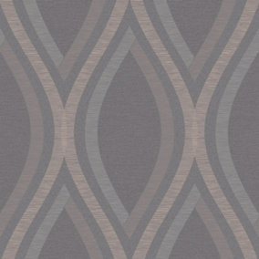 Grandeco Strata Geometric Curve Wallpaper Geo Ogee Metallic Textured Embossed Charcoal Grey Rose Gold A44502