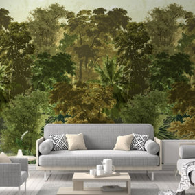 Grandeco Tapestry Jungle Forest Trees 3 lane repeatable wallpaper Mural, Green