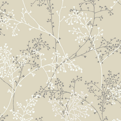 Grandeco  Taranto Delicate Sprig Blown Vinyl Wallpaper, Beige