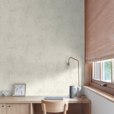 Grandeco Taranto Delicate Sprig Blown Vinyl Wallpaper, Cream