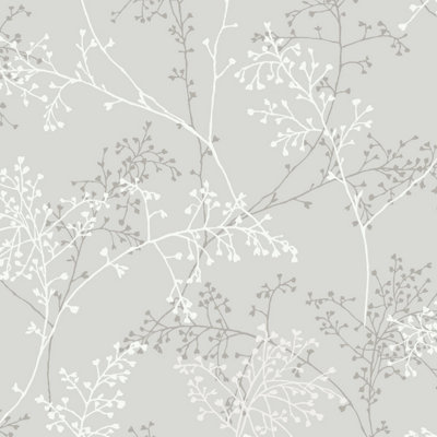 Grandeco Taranto  Delicate Sprig Blown Vinyl Wallpaper, Grey