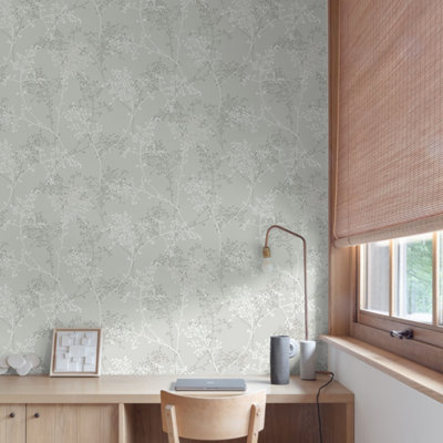 Grandeco Taranto  Delicate Sprig Blown Vinyl Wallpaper, Grey