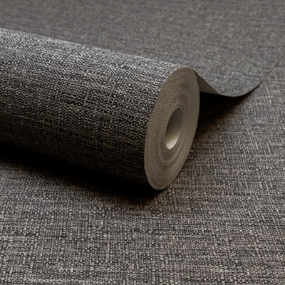 Grandeco Telma Slubbed Fabric Hessian Textured Luxury Wallpaper, Charcoal Grey